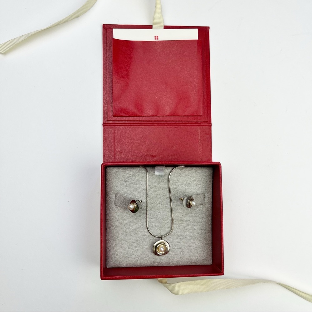 RED ENVELOPE sterling Silver and Pearl Petal Necklace and Earrings Set